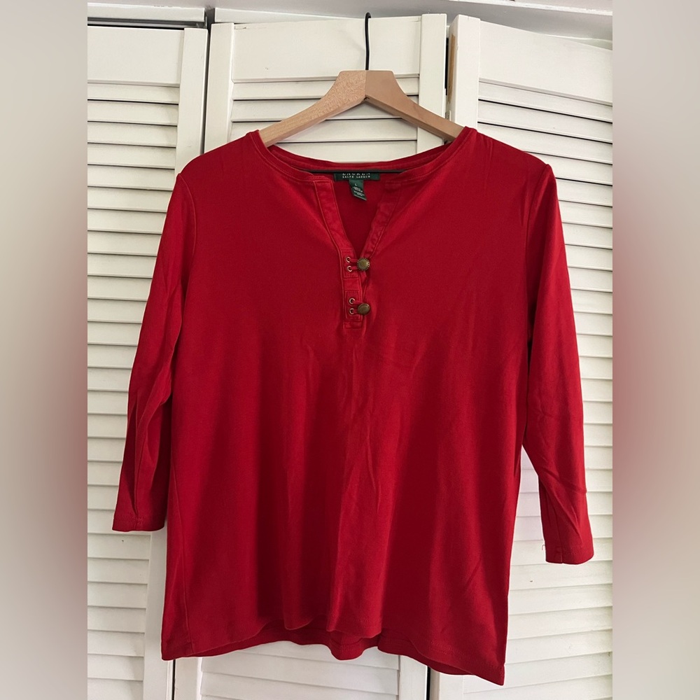 Ralph Lauren Red 3/4 Sleeve Buttoned Blouse